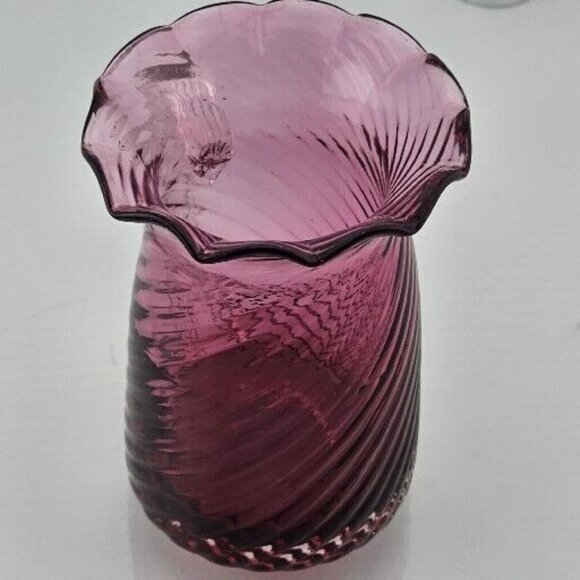 Pilgrim Glass Cranberry Swirl Pitcher Vase 3.5" clear handle ruffled rim texture - Picture 9 of 12